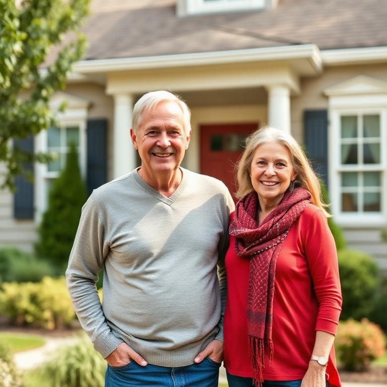 A happy couple standing in front of their home